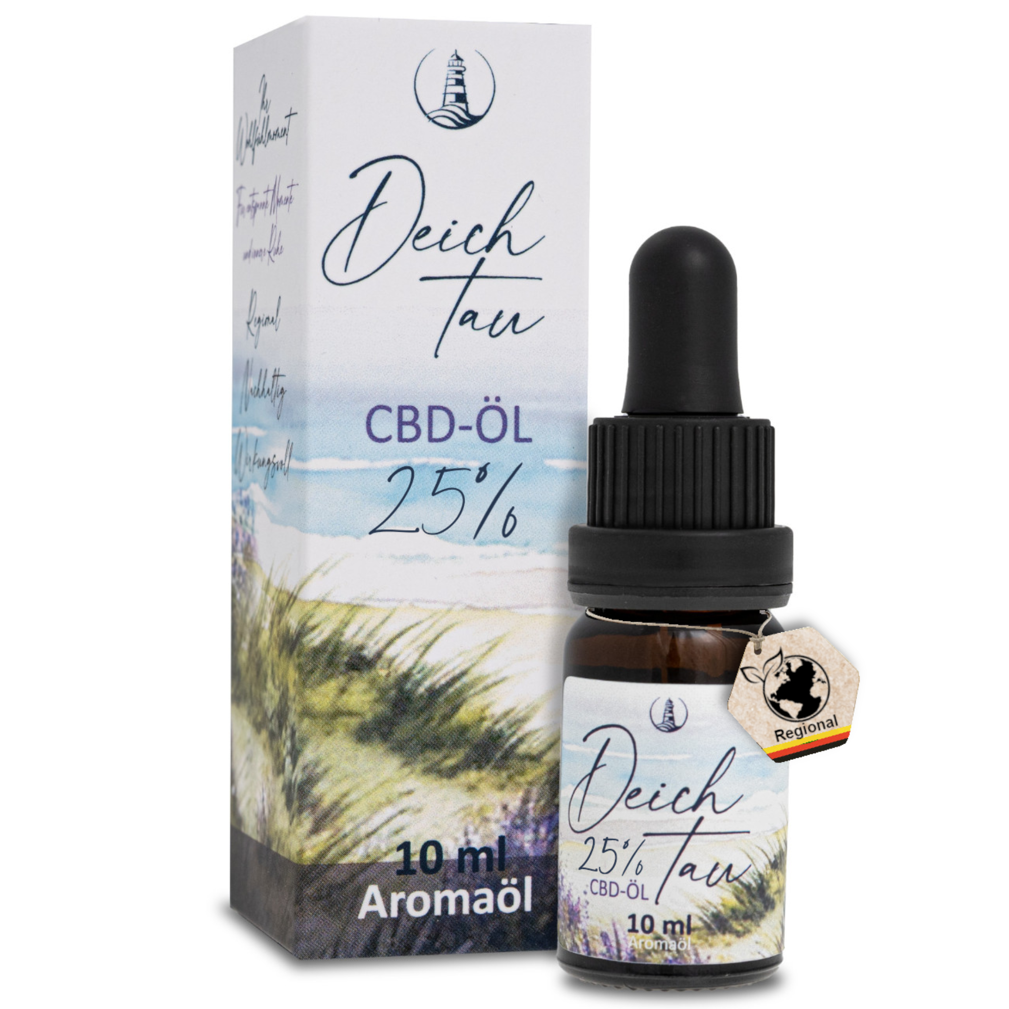 Deichtau CBD-Öl 25% Vollspektrum 10ml amber glass dropper bottle with white and blue label and matching box.