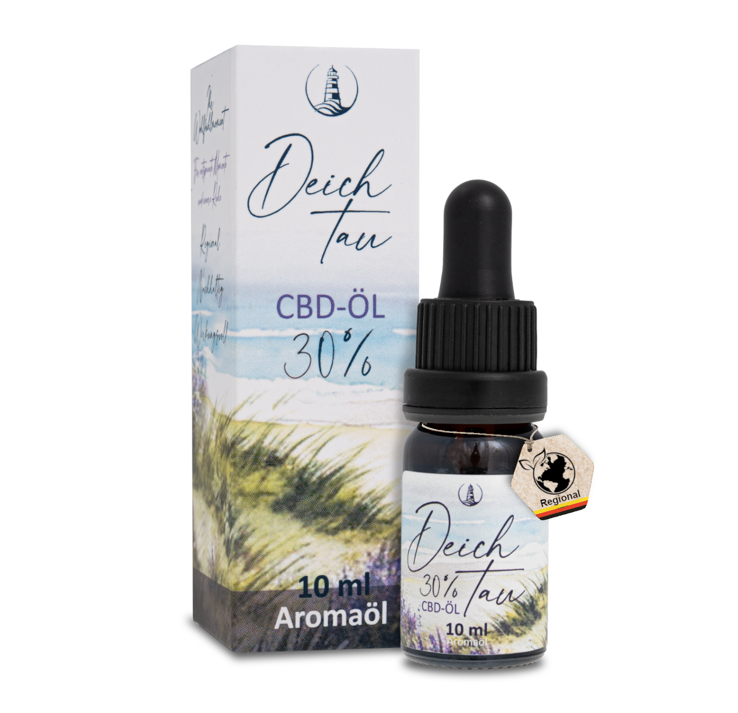 Deichtau CBD-Öl 30% full-spectrum oil in a 10ml dark glass dropper bottle with white and blue nature-themed packaging.