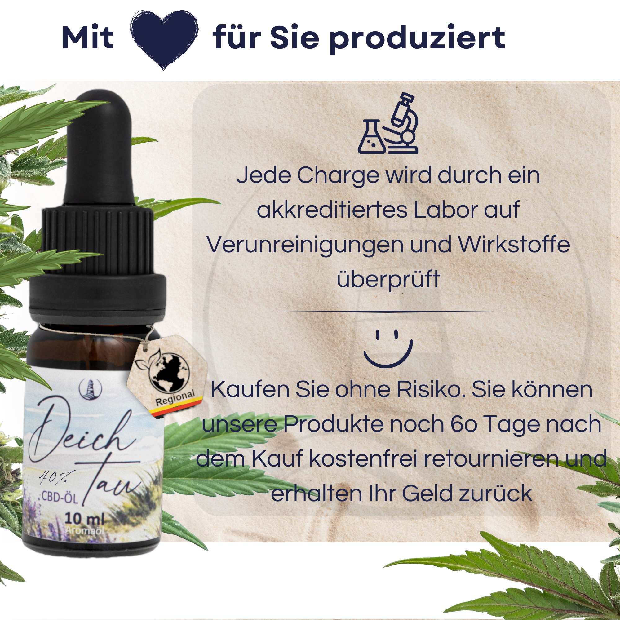 Deichtau CBD-Öl 40% in dunkler Glasflasche mit Pipette und blauen Blättern auf hellem Untergrund.