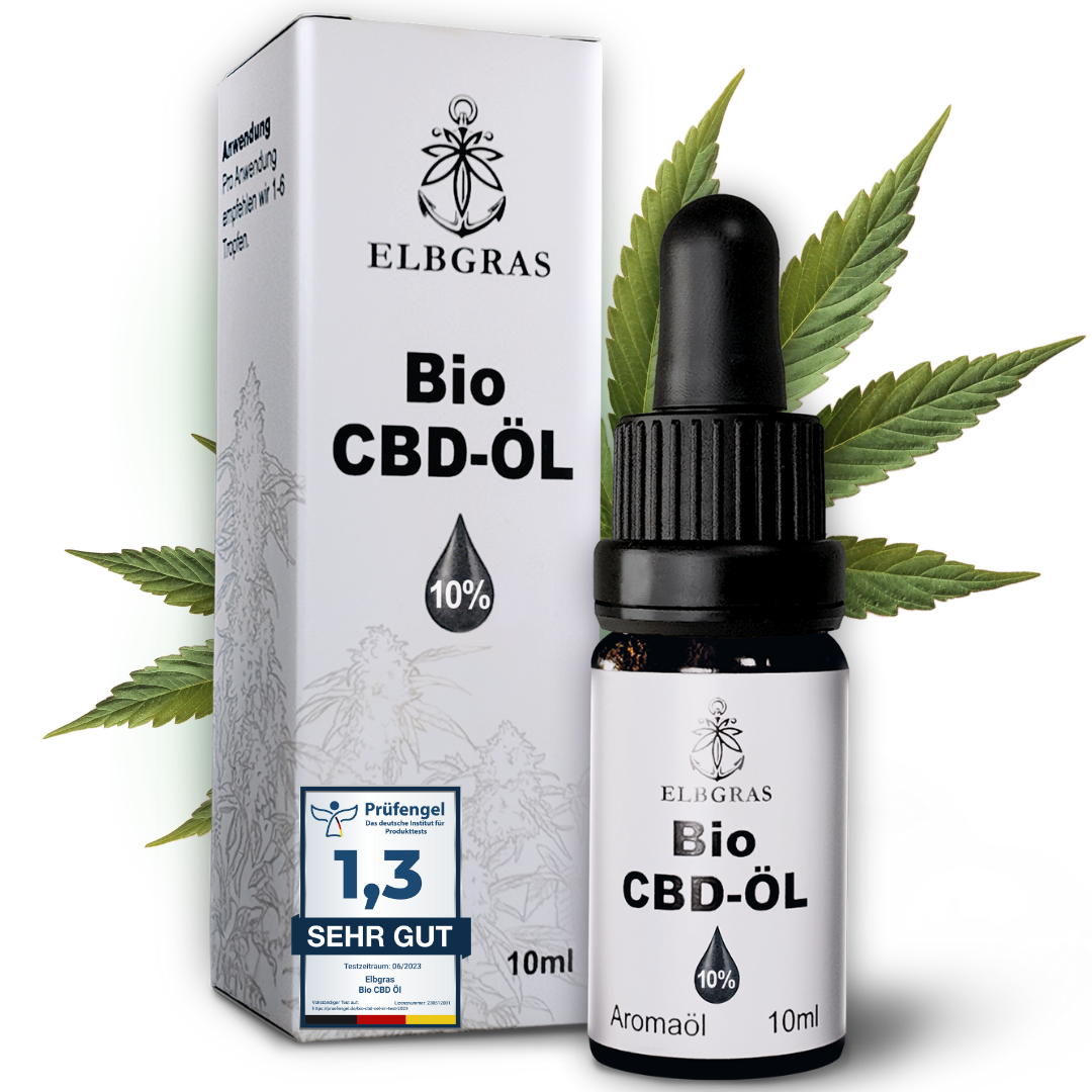 Elbgras Bio CBD-Öl 10% bottle with dropper beside white box and hemp leaves in background.