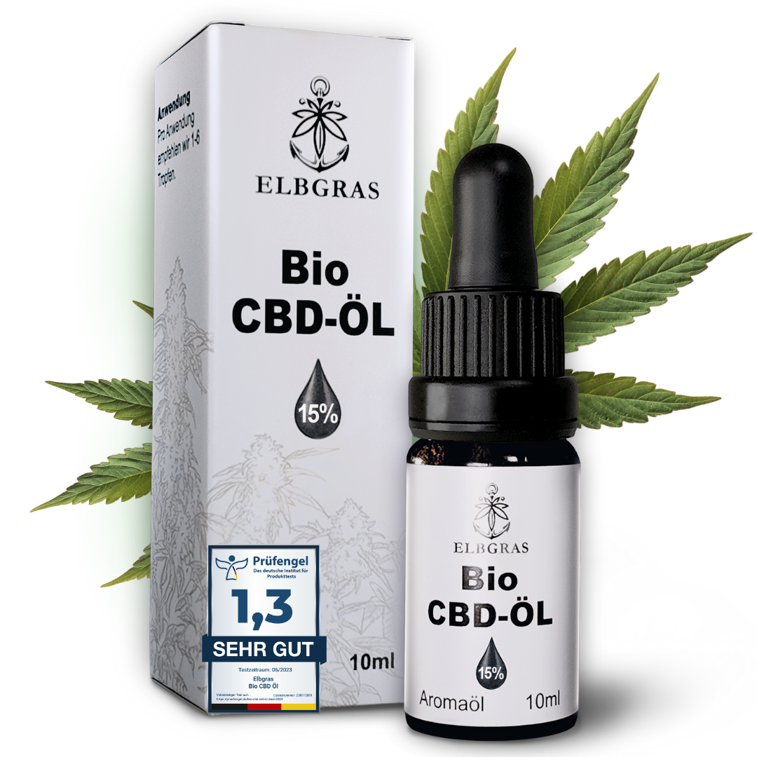 Elbgras Bio CBD-Öl 15% bottle with dropper beside green hemp leaves and white branded box with quality label.