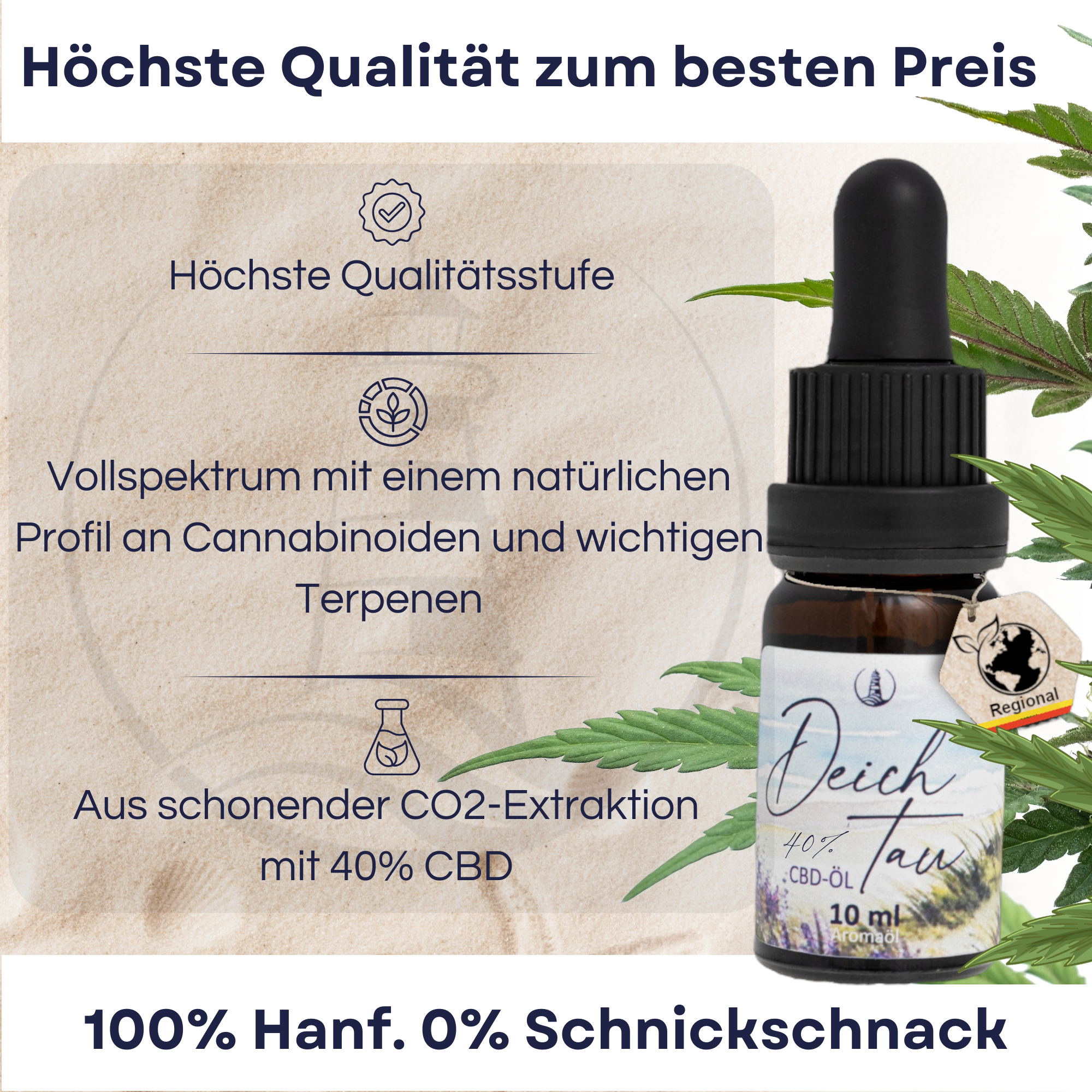 Flasche Deichtau CBD-Öl 40% Vollspektrum mit Pipette und Hanfblatt auf hellem Hintergrund.