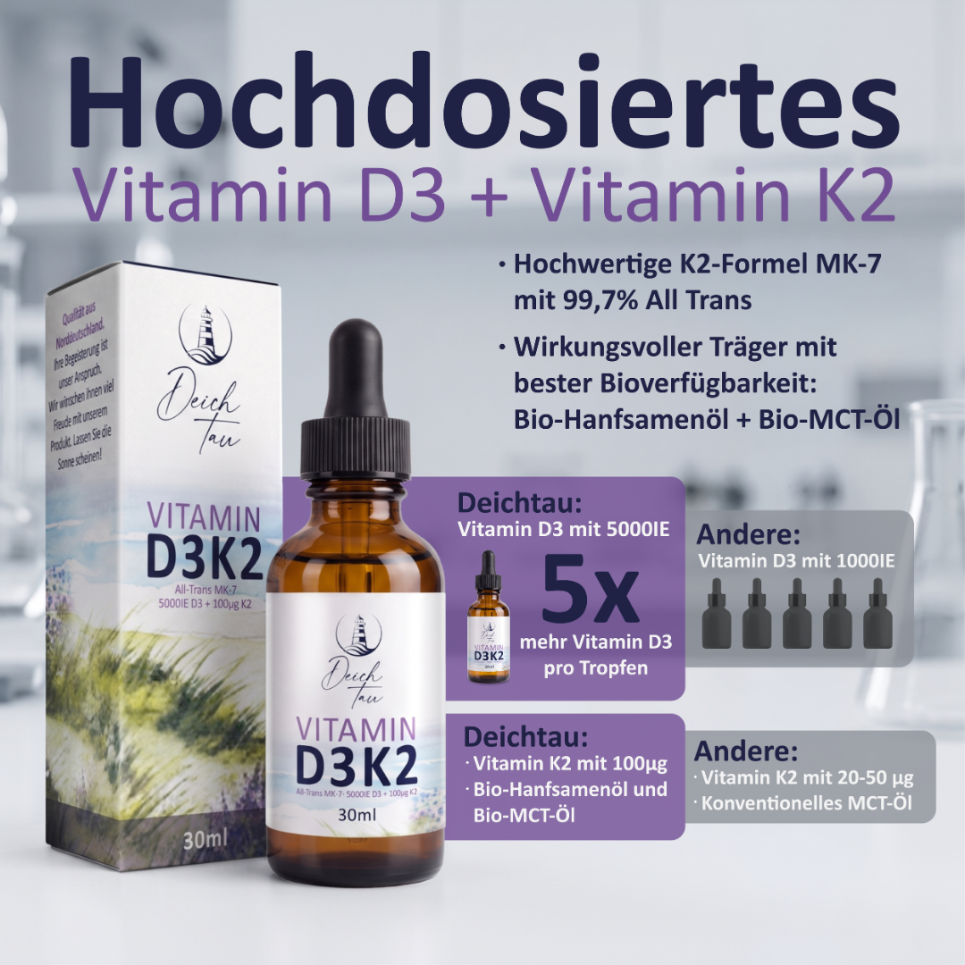 Deichtau Vitamin D3K2 - Hochdosiert mit 5000IE D3 und 100µg K2