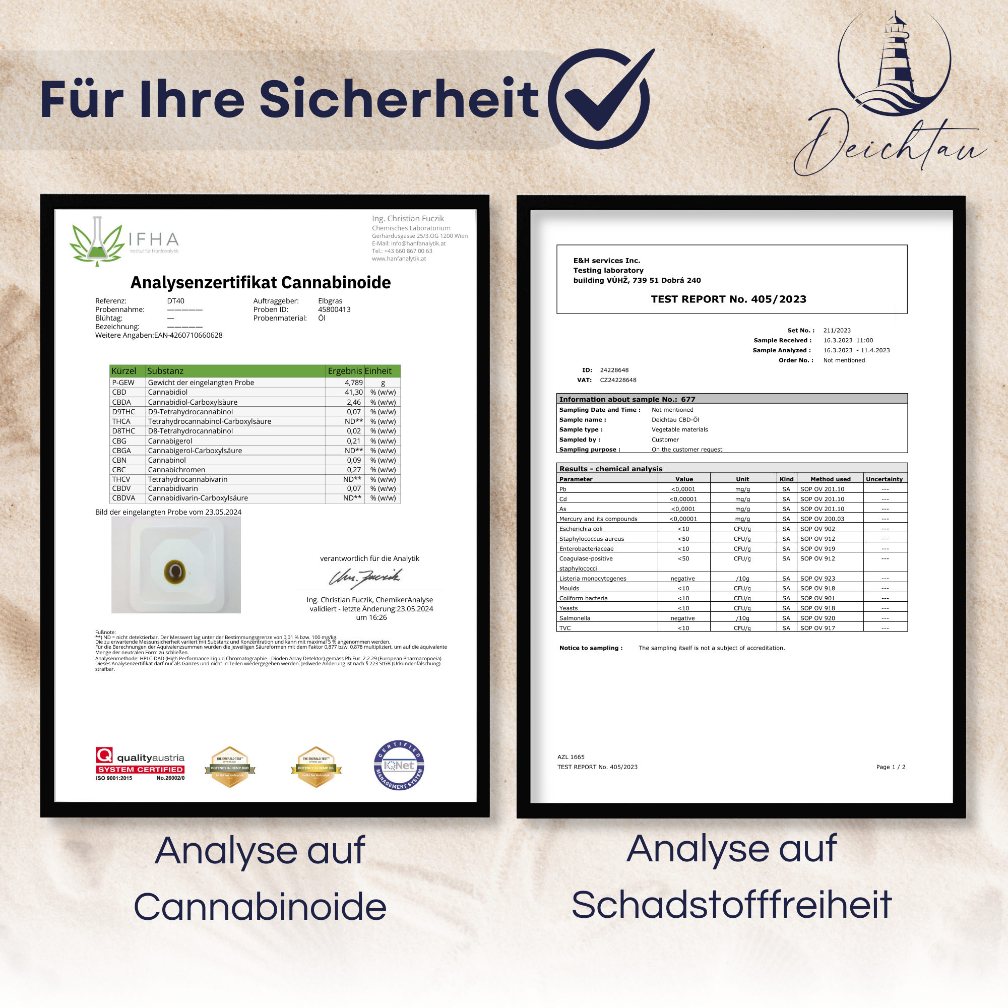 Zwei Zertifikate auf beige Hintergrund, eines zeigt Cannabinoid-Analyse, das andere Schadstofffreiheit, Deichtau-Logo oben.