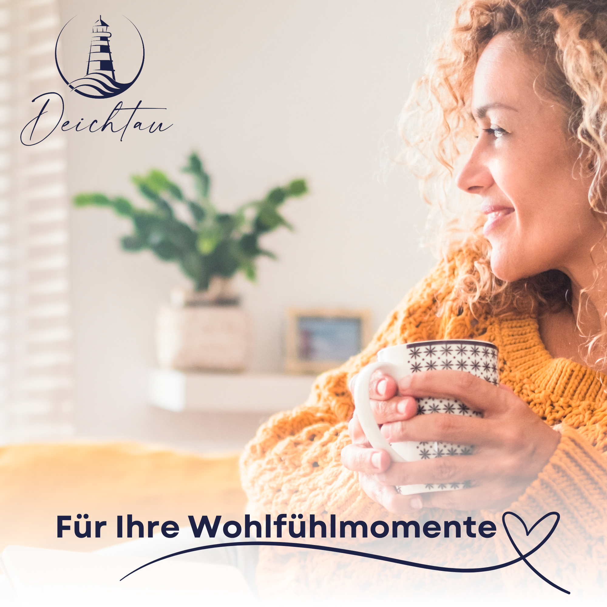 Frau mit gelbem Pullover hält gemusterten Becher, entspannte Atmosphäre im hellen Raum mit Pflanze.