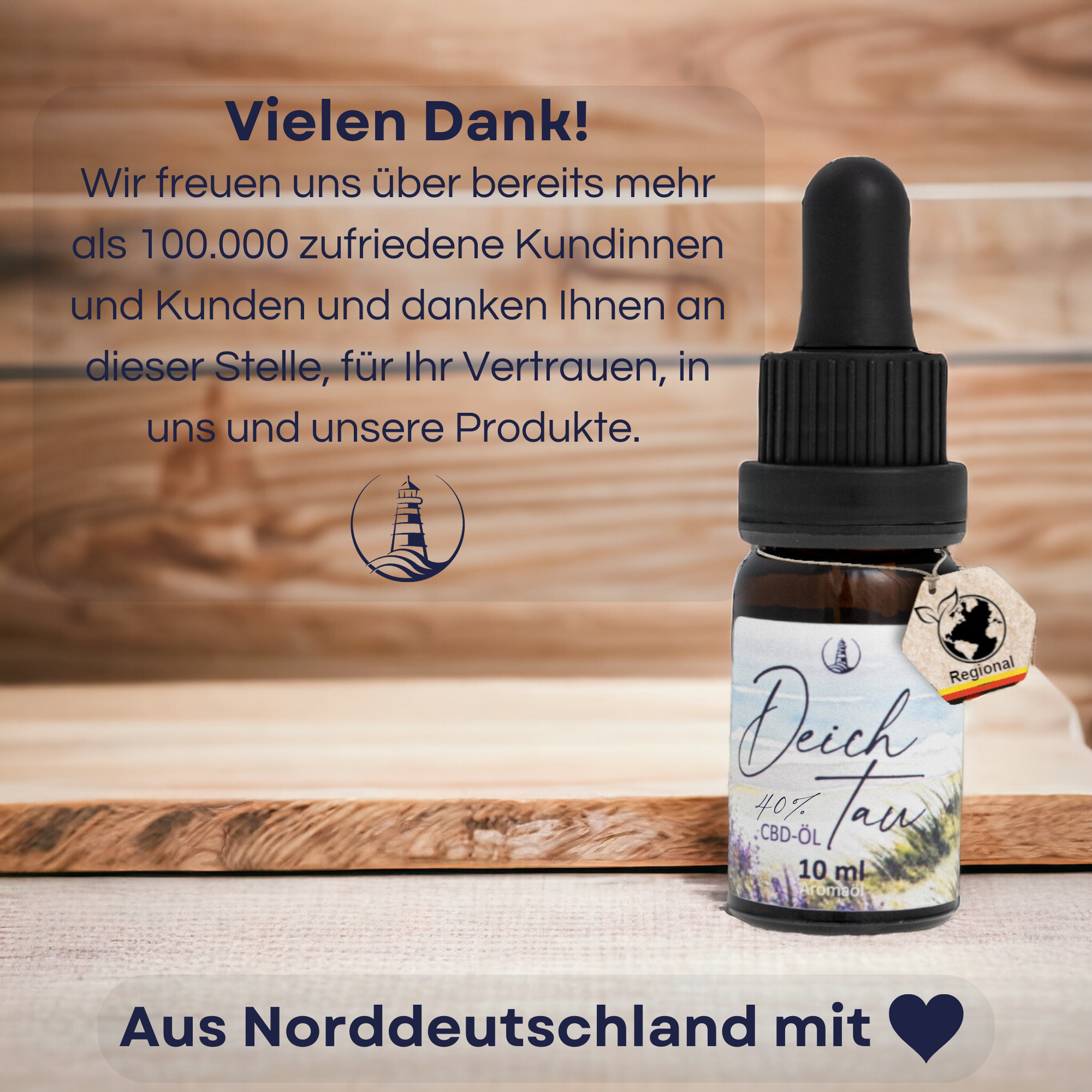 Braunes Glasfläschchen mit schwarzem Tropfer und Deichtau CBD-Öl 40% Vollspektrum Etikett auf Holzuntergrund.