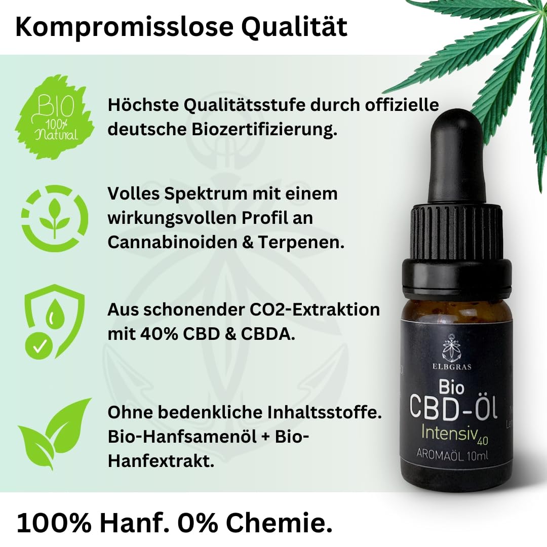 Elbgras Black Bio-CBD-Öl 40% Flasche mit Tropfer und Qualitätssiegel auf grünem Hintergrund.
