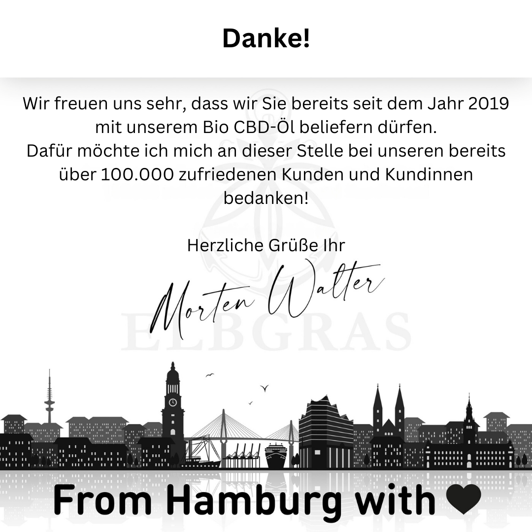 Schwarze Flasche Elbgras Bio-CBD-Öl 30% mit Pipette und weißem Etikett vor Hamburger Skyline-Silhouette.