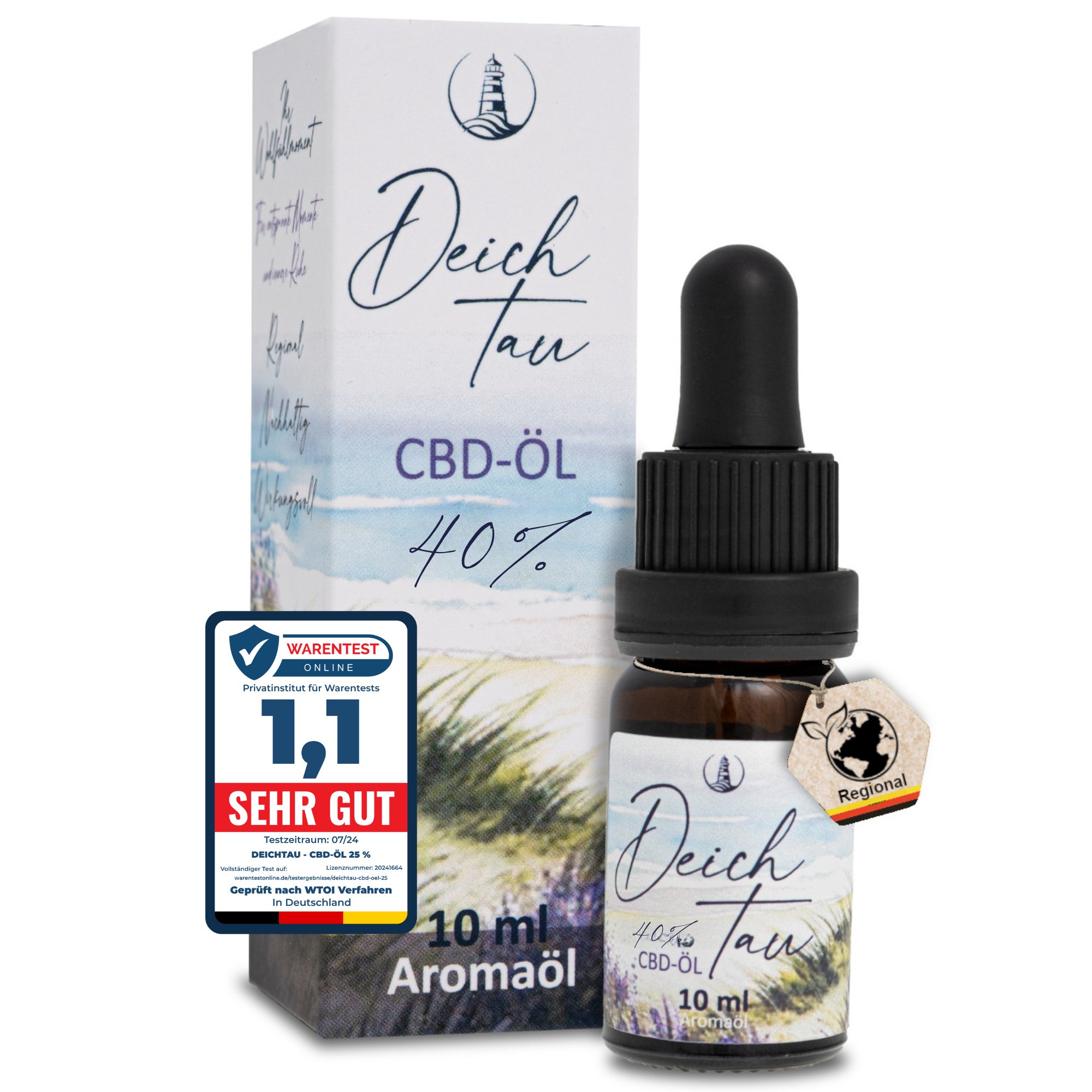 Brown glass bottle with black dropper cap and blue-and-white label reading Deich Tau CBD-Öl 40% 10 ml next to matching white .