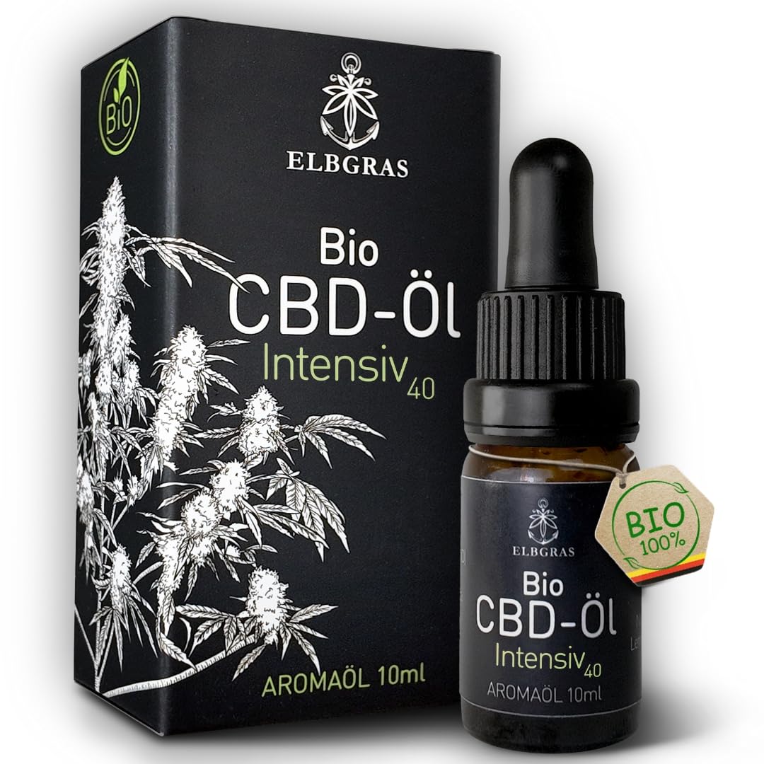 Elbgras Black Bio CBD Oil Intensiv 40% in amber glass bottle with dropper and black box packaging.