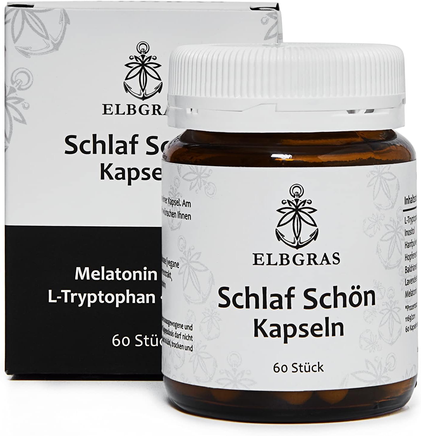 Amber glass bottle and white box of Schlaf Schön capsules with Melatonin, Baldrian & Hopfen, 60 pieces.