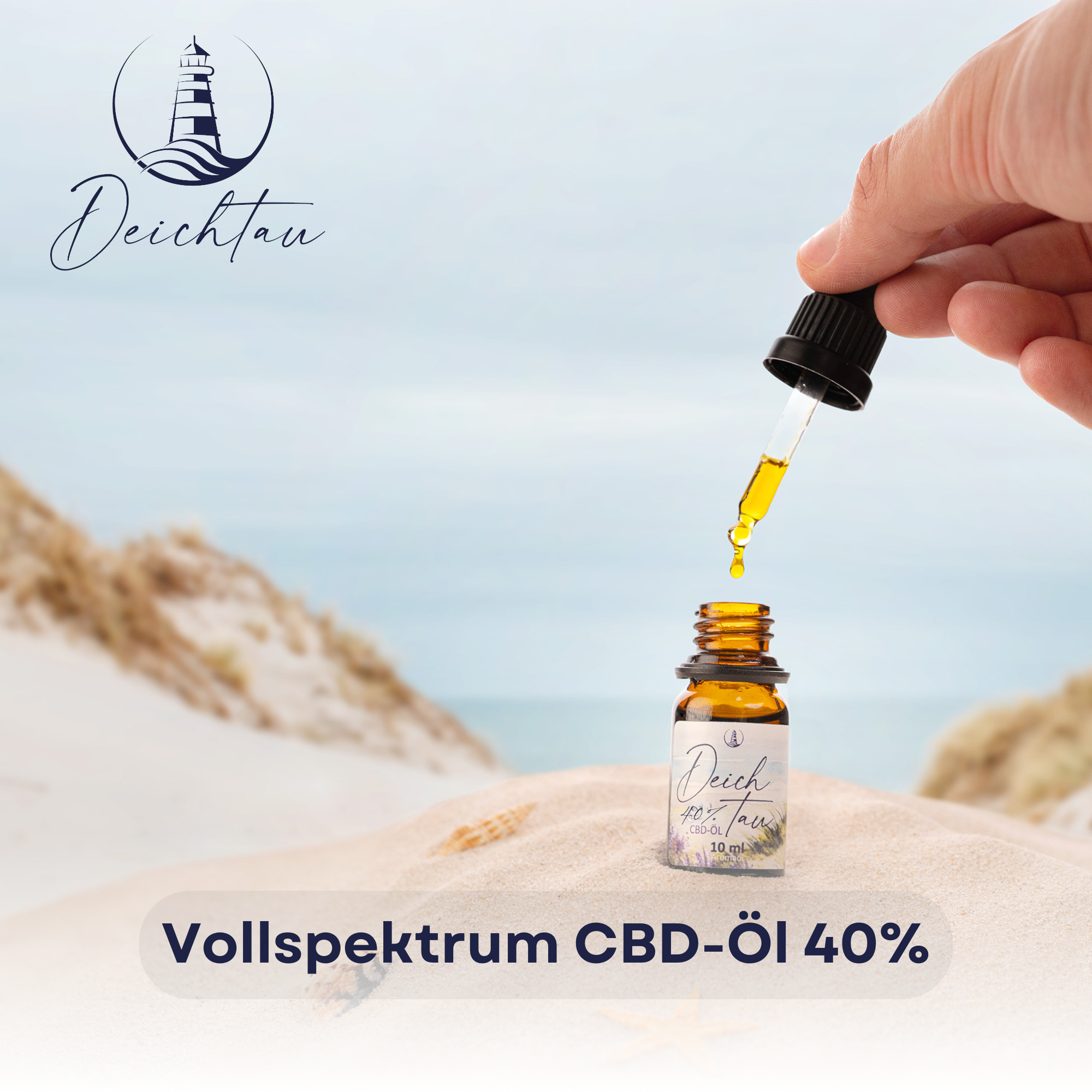 Braune Glasflasche mit Pipette, gelbes Öl in Pipette, Deichtau Logo, Strandkulisse im Hintergrund.