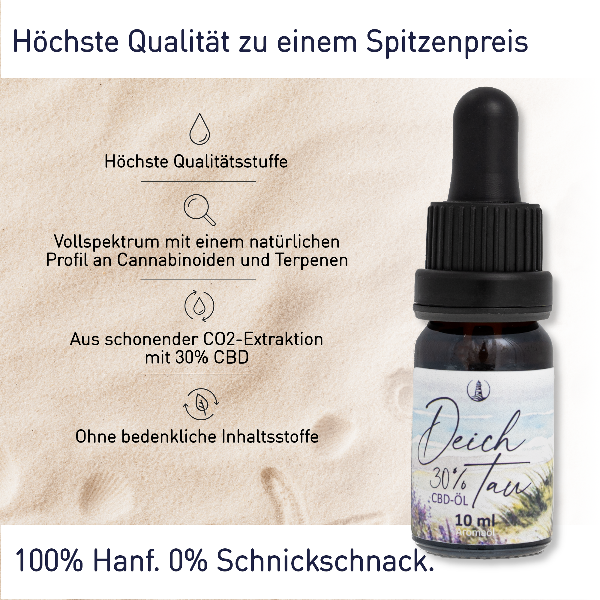 Deichtau CBD-Öl 30% Vollspektrum in brauner Glasflasche mit schwarzem Tropfer und weißem Etikett mit floralem Design.