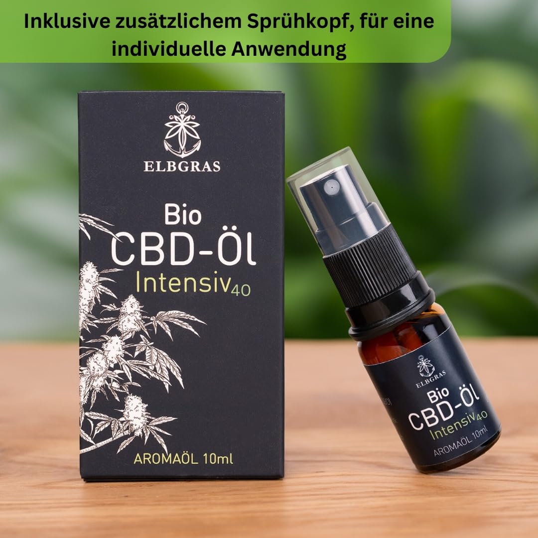 Elbgras Bio-CBD-Öl Intensiv 40% Aromöl 10ml mit zusätzlichem schwarzen Sprühkopf in schwarzer Verpackung.