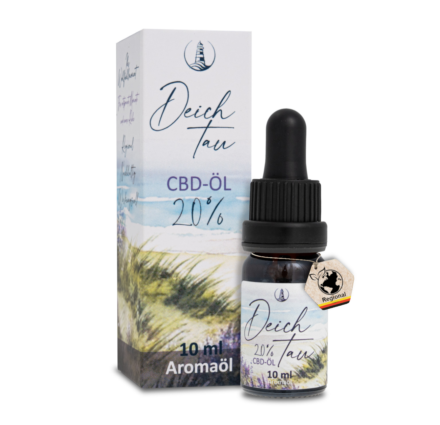 Deichtau CBD-Öl 20% Vollspektrum 10 ml bottle with black dropper and matching white box with blue and yellow grass design.