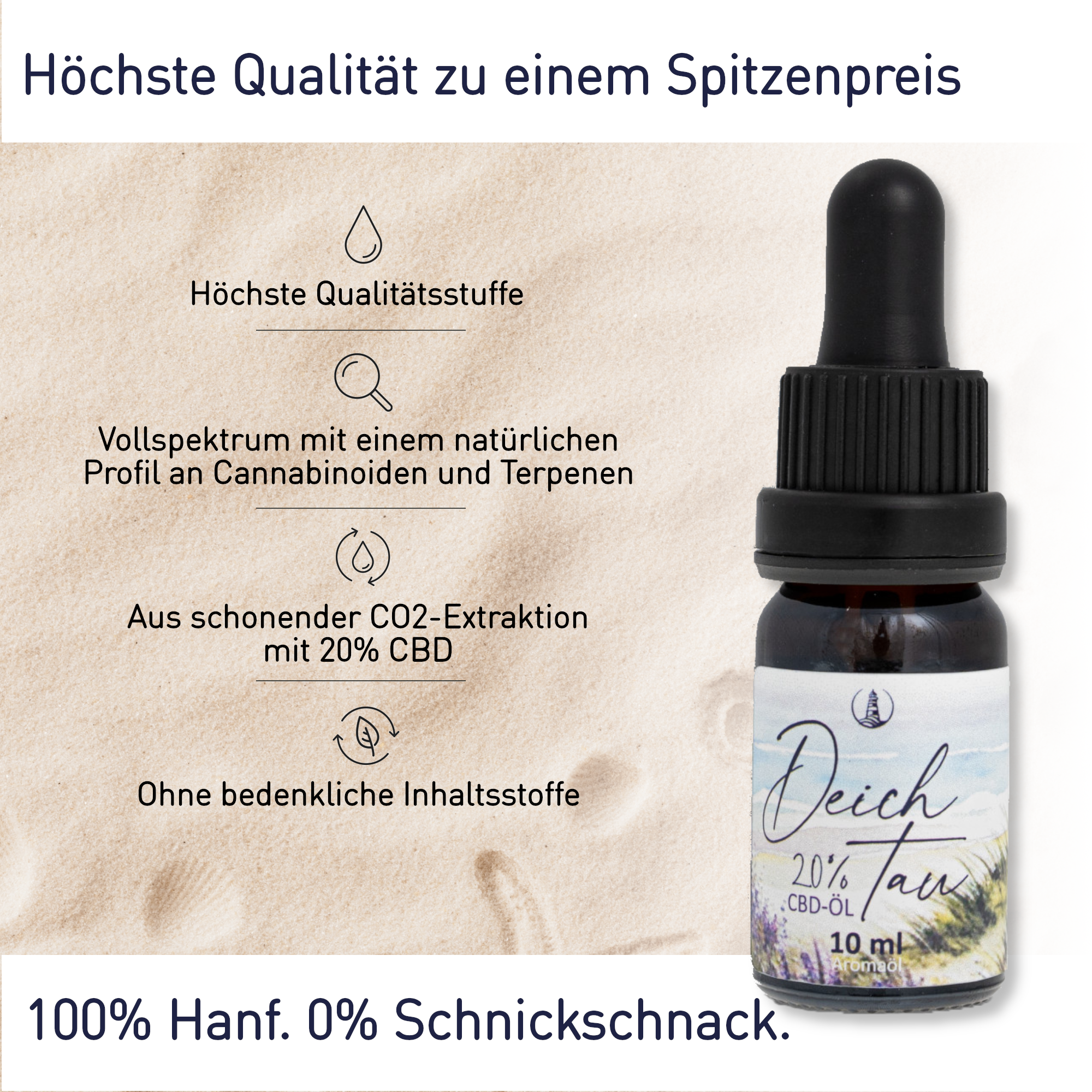 Flasche Deichtau CBD-Öl 20% Vollspektrum mit Pipette und blumenweißem Etikett.